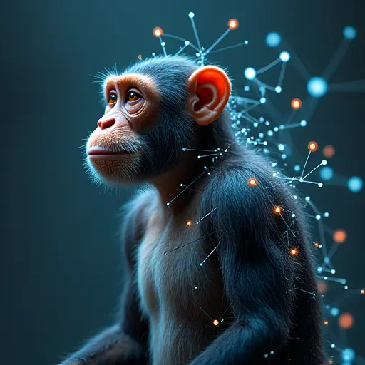 A monkey avatar with interconnected digital nodes floating around its body, forming a neural network-like structure.