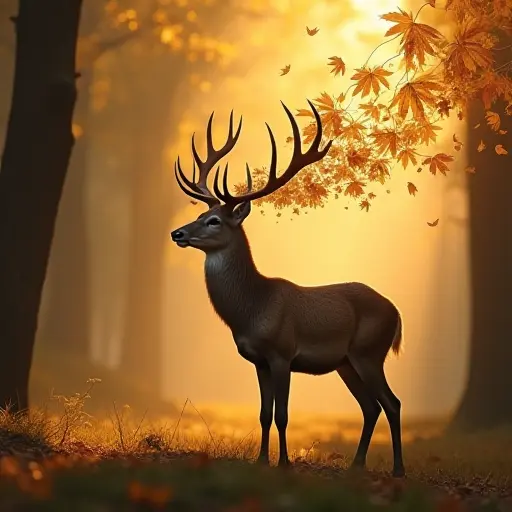 A serene deer standing in a forest, its antlers transforming into swirling leaves carried by the wind, illuminated by golden sunlight.