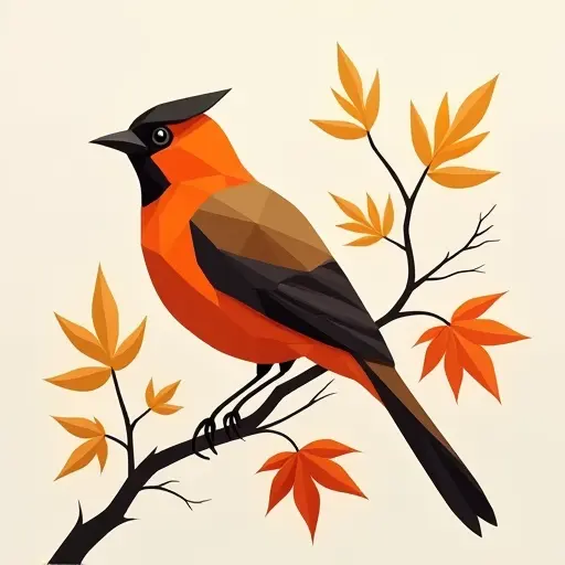 A bird made entirely of geometric shapes and autumn leaves, perched on a branch with a minimalistic, artistic background.