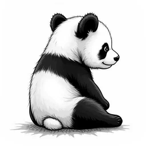 clean black and white hand-drawn outlines of a baby panda from the side view