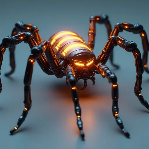 A spider with a body made from synthetic, flexible materials. Its legs are composed of robotic joints and flexible tubing, with a glowing central core that emits pulses of energy, creating an intelligent, advanced robotic appearance.