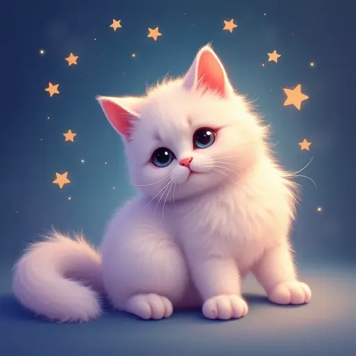 Dreamy cat with soft pastel-colored fur, surrounded by glowing stars.