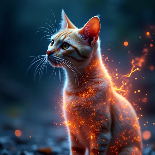 A cat with glowing digital tattoos and energy fields flowing around its body, emitting power in the form of visible light.