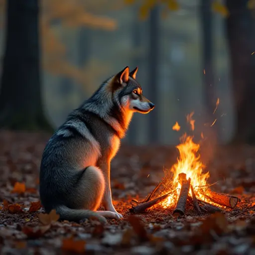 A wolf sitting beside a small campfire in the middle of an autumn forest, its eyes reflecting the flames as it gazes into the woods, surrounded by fallen leaves and bathed in