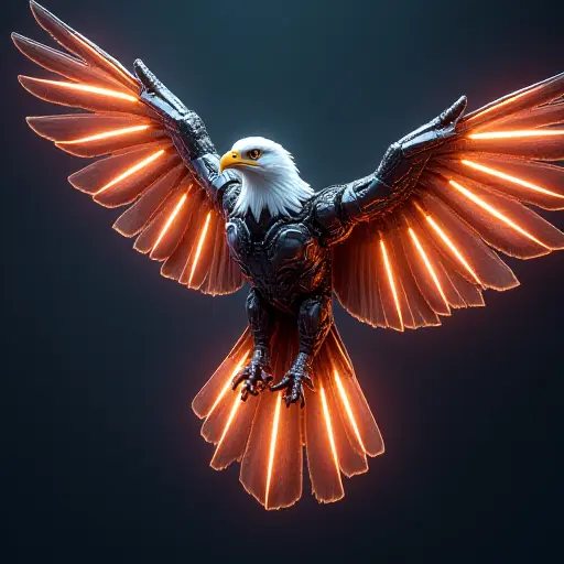 An eagle with laser-like beams emanating from its wings, forming a sharp, intense look. Its body is built with cutting-edge technology, featuring glowing segments and an aerodynamic structure for high-speed flight.