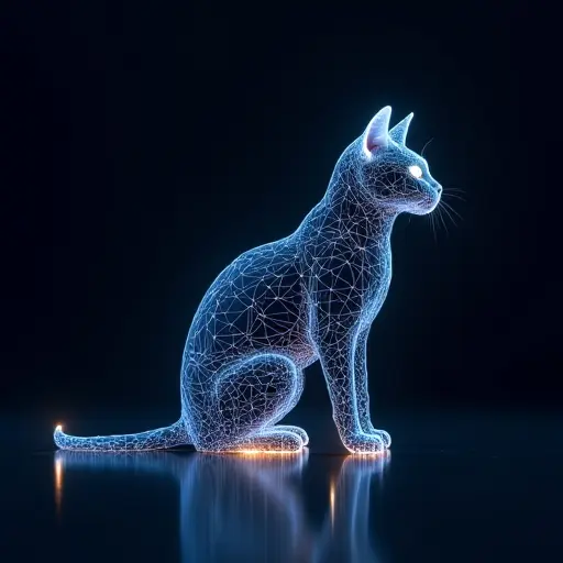 A sleek, futuristic cat design with digital lines and a glowing body, symbolizing advanced technology in the digital era.