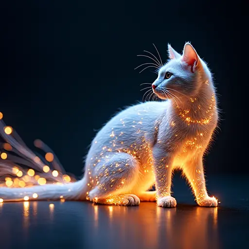 A cat made of flowing, glowing light fibers, representing the speed and data transmission of modern optical fibers.