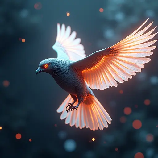 A bird with glowing, laser-like wings and a sleek, futuristic look, soaring through a sky of digital particles.