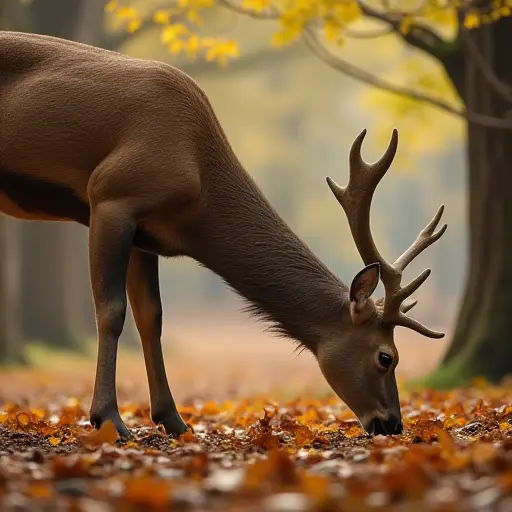 A deer grazing in the forest, with its head lowered to nibble on fallen acorns, surrounded by autumn leaves and soft light filtering through the branches of low-hanging trees.