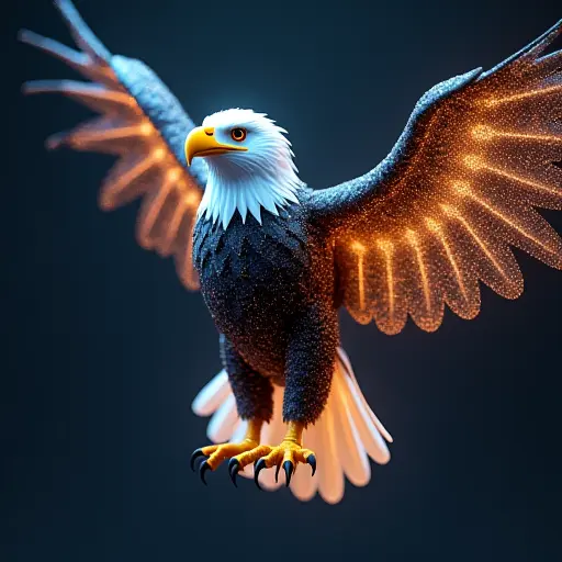 An eagle avatar designed in virtual reality, with wings made of digital particles and a beak that emits data streams.