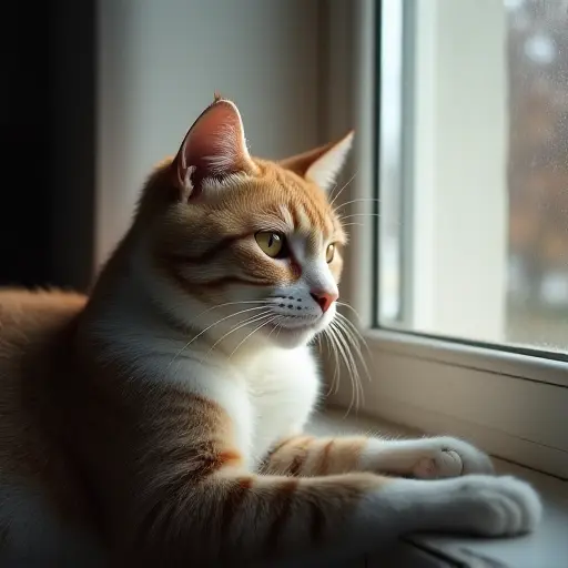 Quiet cat lying by a window, looking outside with calm eyes.