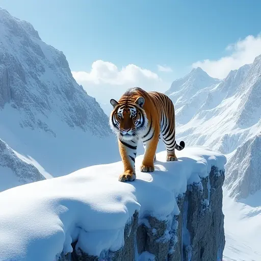 A tiger walking along a snowy mountain ridge, its fur blending with the icy landscape, under a clear blue sky.