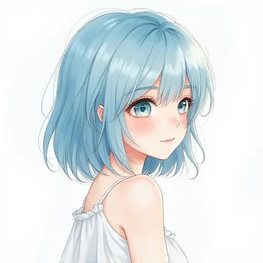 A girl with light blue hair, sketched in fine lines with soft watercolor touches to give a delicate feel.