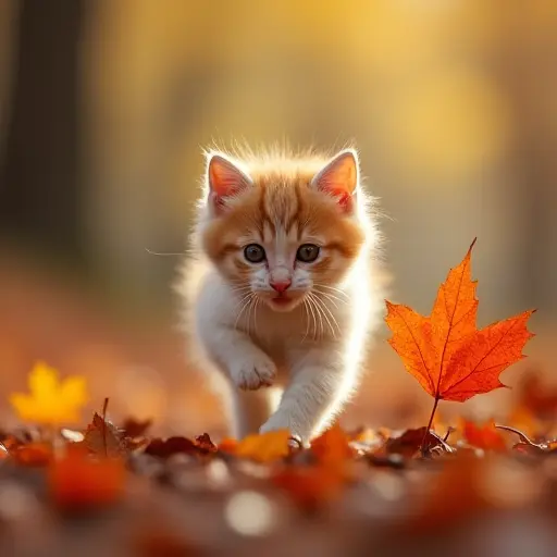 A small kitten with bright eyes, chasing a swirling autumn leaf, its fur ruffled by the wind as it darts playfully through the forest, surrounded by falling leaves in shades of red, orange, and yellow.