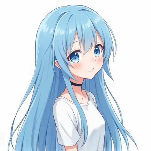 A girl with long blue hair and a dreamy expression, drawn with soft pencil strokes and light shading.