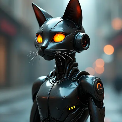 A futuristic cat with a robotic body, glowing eyes, and sleek metallic surfaces, reflecting a high-tech, cyberpunk environment.