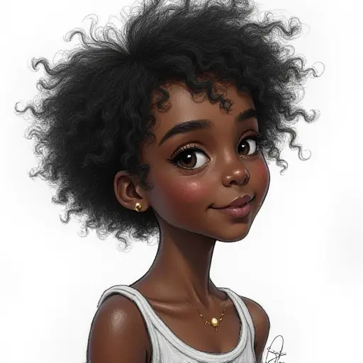 A girl with dark skin and short curly hair, sketched with fine lines and soft pencil shading for a glowing look.