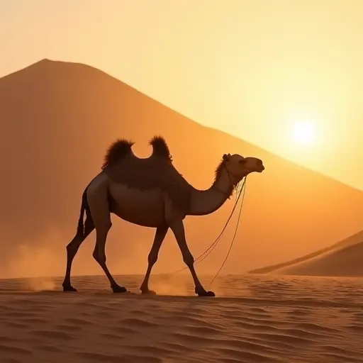 A camel walking slowly across a vast desert, with towering sand dunes behind it, under the soft glow of a setting sun.