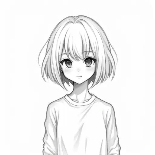 A girl with short, straight hair and a simple expression, sketched in minimalist style with soft pencil shading.