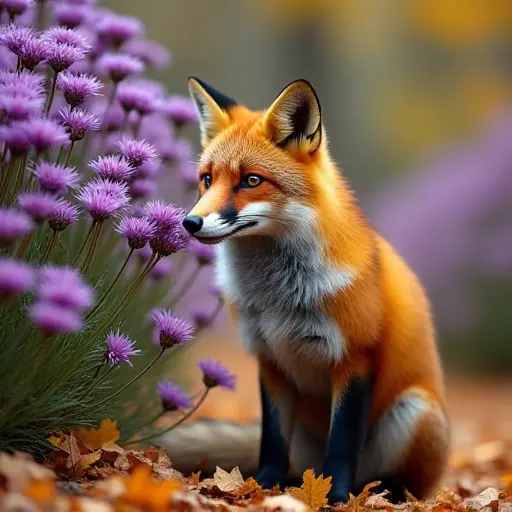 A fox sitting beneath a bush of purple asters in a forest, with golden autumn leaves scattered around its paws, while the vibrant purple flowers add a pop of color to the otherwise warm fall landscape.