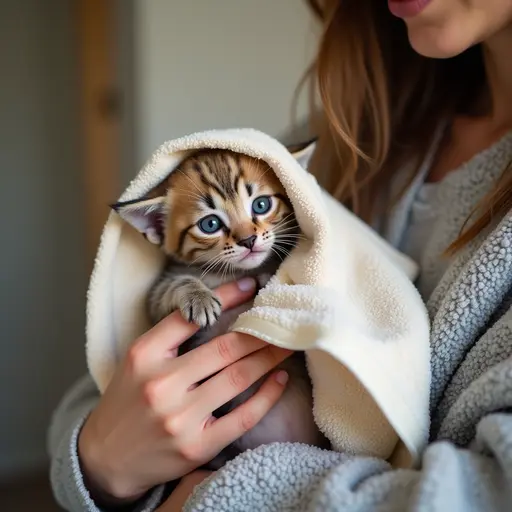 The owner gently dries the kitten with a towel, which lazily rests in their arms.