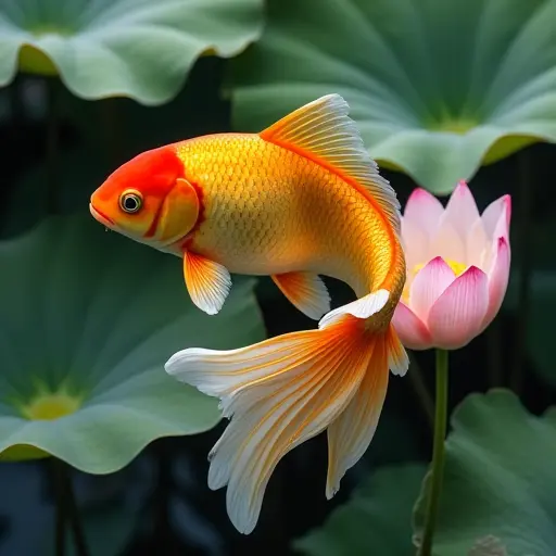 A goldfish swimming through a lotus pond, with delicate lotus petals forming the fish's flowing fins.