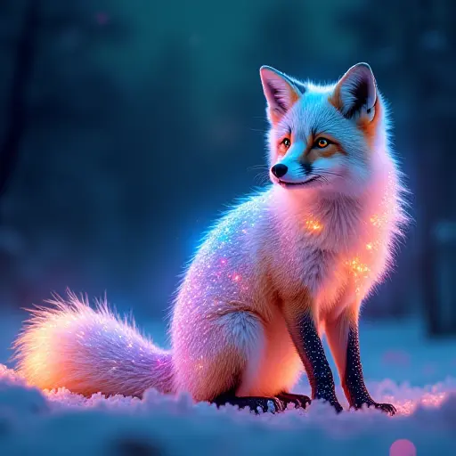 A fox covered in shimmering aurora lights, with vibrant colors shifting across its body as if reflecting the northern lights.