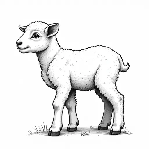 clean black and white hand-drawn outlines of a baby lamb from the side view