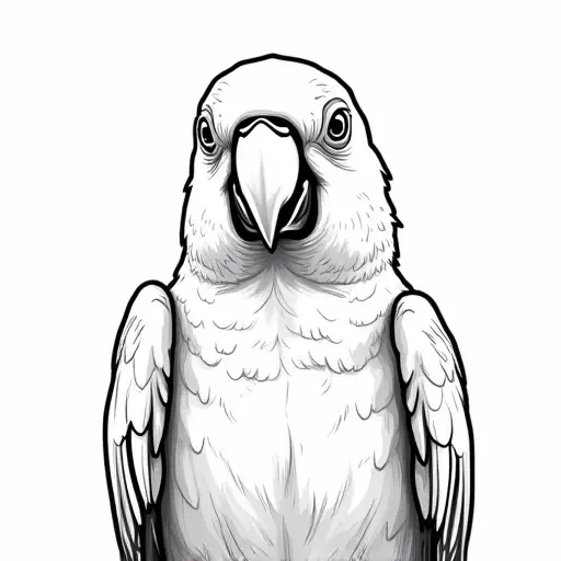 clean black and white hand-drawn outlines of a parrot from the front view