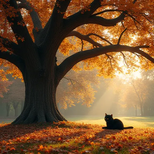 A cat resting peacefully under the wide canopy of an ancient oak tree, with its branches stretching high above, casting long shadows on the ground covered with vibrant autumn leaves.