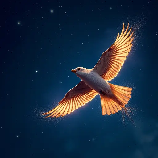 A bird flying across a starry night sky, its wings adorned with glowing celestial patterns and streaks of stardust.