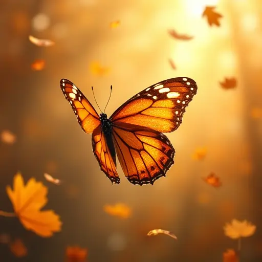 A butterfly fluttering through the autumn air, its wings glistening with dew as it dances through a sky filled with falling golden leaves.