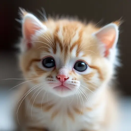 Small, round-faced kitten with a tiny pink nose, soft fur, and large, bright eyes.