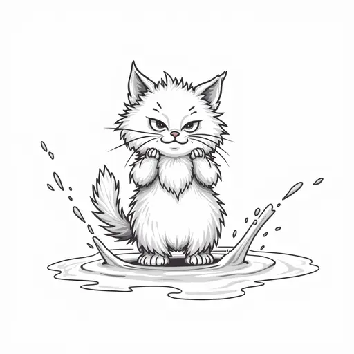 clean pencial outline sketch of A maine coon playfully splashing water with its paws, showing a mischievous expression.