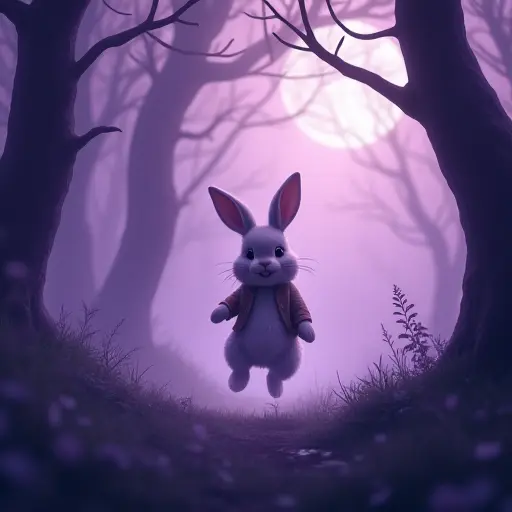 A rabbit hopping through a mysterious forest filled with soft purple mist, its fur blending with the mist and soft moonlight filtering through the trees.