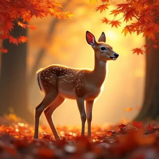 A fawn standing gracefully in the middle of an autumn forest, its delicate body framed by the fiery red and golden maple leaves falling gently around it, as the soft breeze creates a dreamy, peaceful atmosphere.