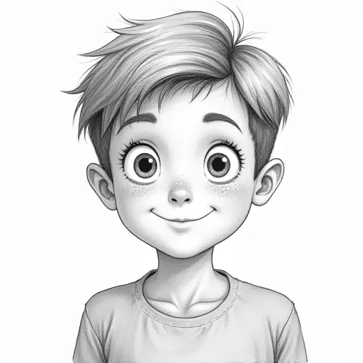 A boy with freckles and short hair, drawn in light pencil lines with soft shading and highlights.