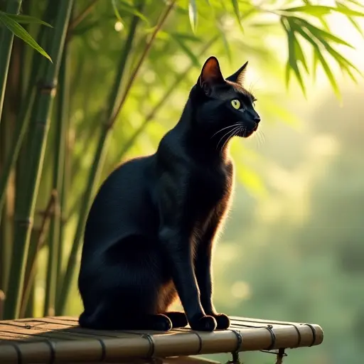 A sleek black cat sitting atop a polished bamboo platform, surrounded by towering bamboo stalks swaying in a light breeze under soft morning light.