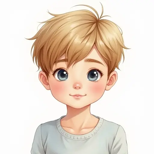 A charming boy with soft features and short hair, sketched with delicate pencil strokes and light watercolor.