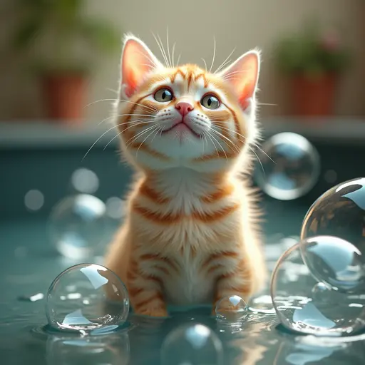 A cat sitting in bubbles, looking curious