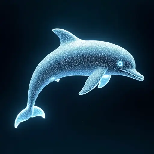 A dolphin formed from magnetic fields, with its body made of suspended metal particles and glowing force fields. Its smooth, fluid movements simulate the elegance of underwater motion but within a high-tech, force-driven environment.