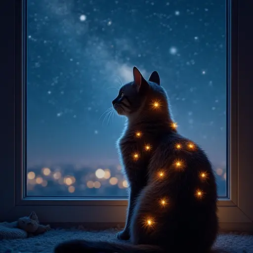 A cat with its fur dotted with tiny, glowing stars, sitting by the window at night, gazing out at the vast expanse of the cosmos.