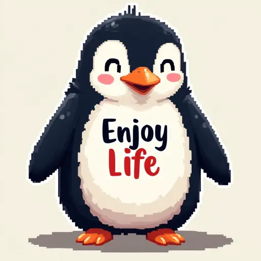 penguin, T-shirt, slogan Enjoy Life, pixel art