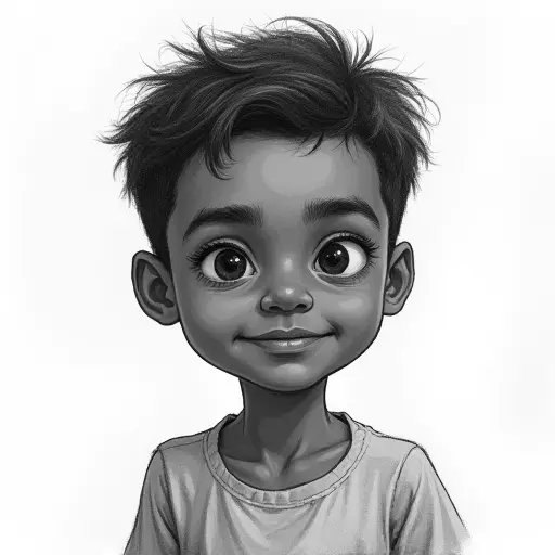 A boy with dark skin and short hair, sketched with soft pencil strokes and minimal shading.