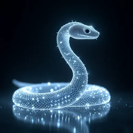 A snake avatar made of holographic segments, with glowing digital skin and a tail that leaves a glowing trail behind.