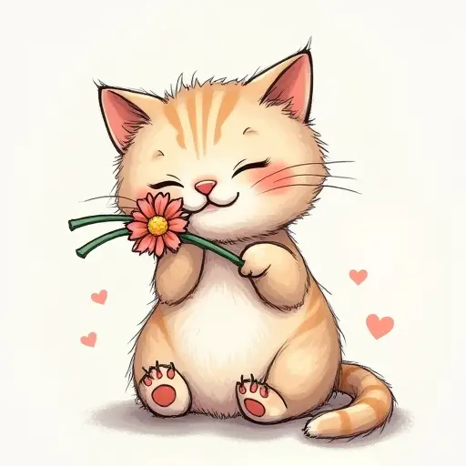 A cat holding a flower in its mouth, sketched with detailed lines and shaded with soft colors.