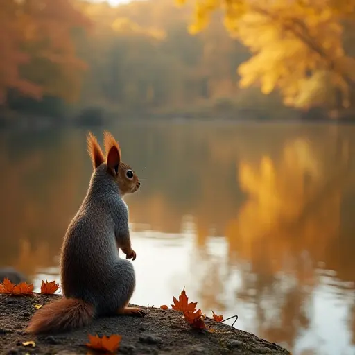 A squirrel sitting on the edge of a lake, watching the reflection of the surrounding autumn trees in the calm water, while leaves gently drift down to the surface.