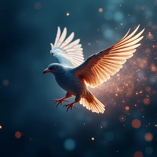 A bird avatar flying through a digital sky, surrounded by glowing data particles and streaming light.