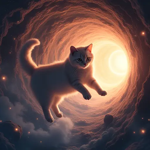 A cat floating through a wormhole or space tunnel, surrounded by glowing cosmic elements, with an aura of deep space exploration.