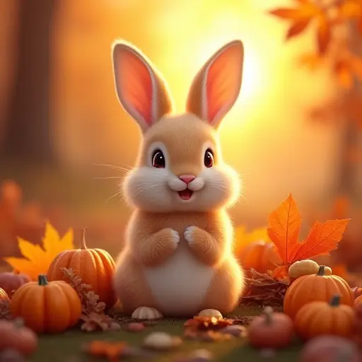 A cute rabbit surrounded by pumpkins, autumn leaves, and harvest foods, with the warm glow of Thanksgiving evening light shining over the scene, creating a joyful and thankful atmosphere.